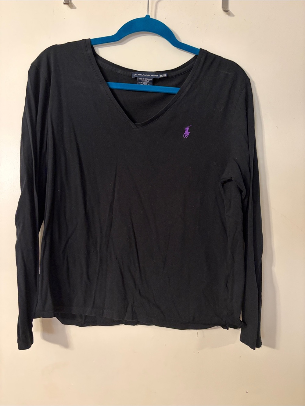 Ralph Lauren Black V-Neck Long Sleeve Tee with Purple Pony
